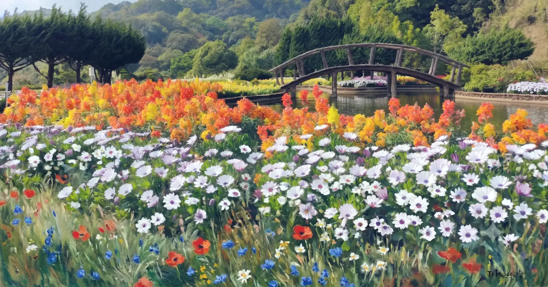 A painted garden of poppies and daisies below a wooden bridge, the valley the page descends into