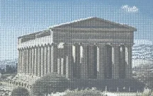 A classical temple rendered entirely in typed characters