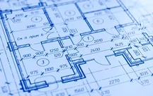 Close-up of an architectural floor plan drawn in blue ink