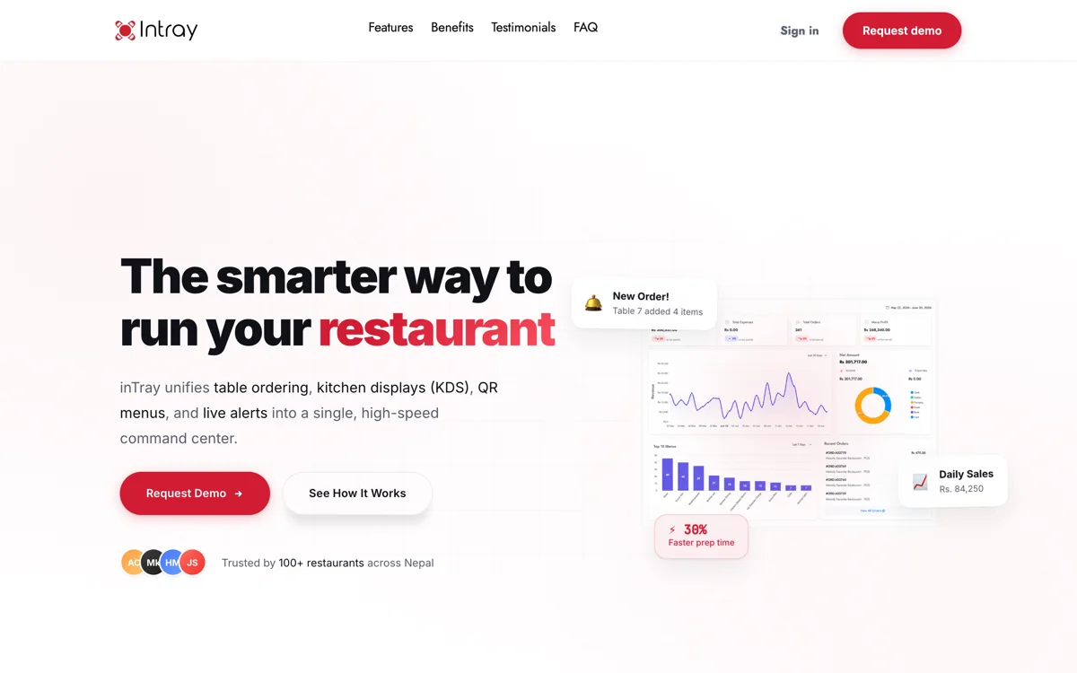 The inTray landing page, a restaurant platform for table ordering, kitchen displays and QR menus