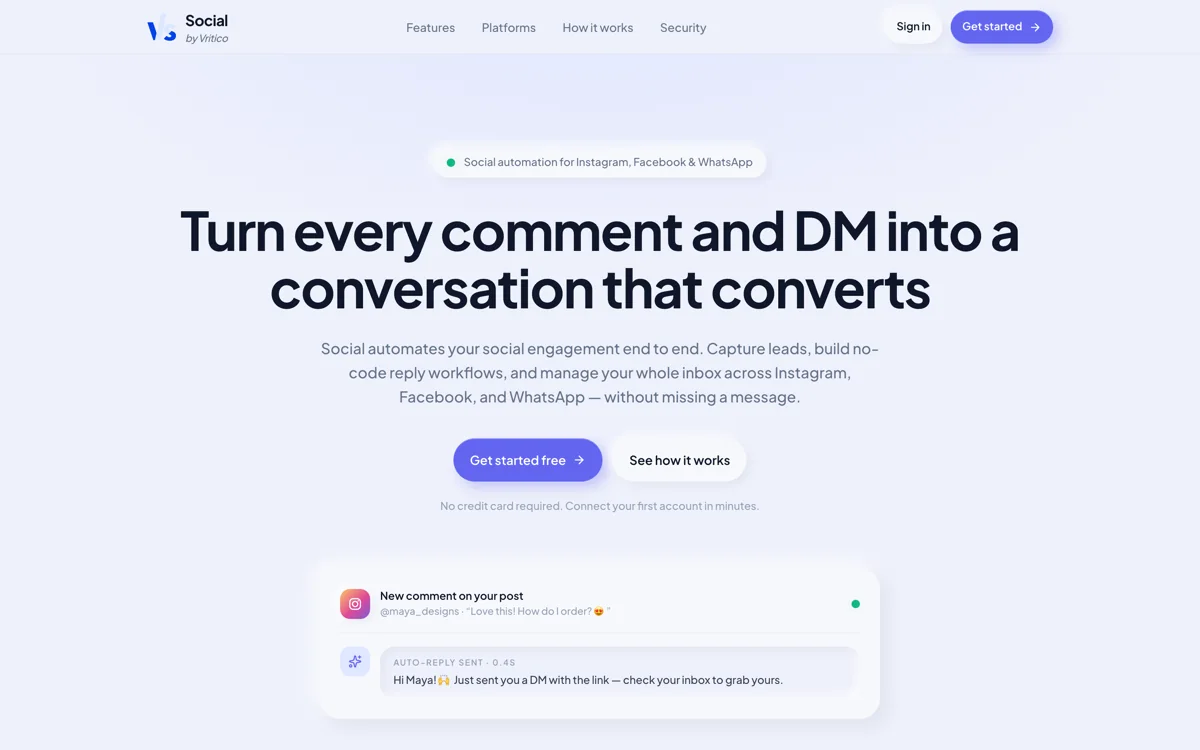 The Social landing page, a social media automation tool for Instagram, Facebook, WhatsApp and TikTok