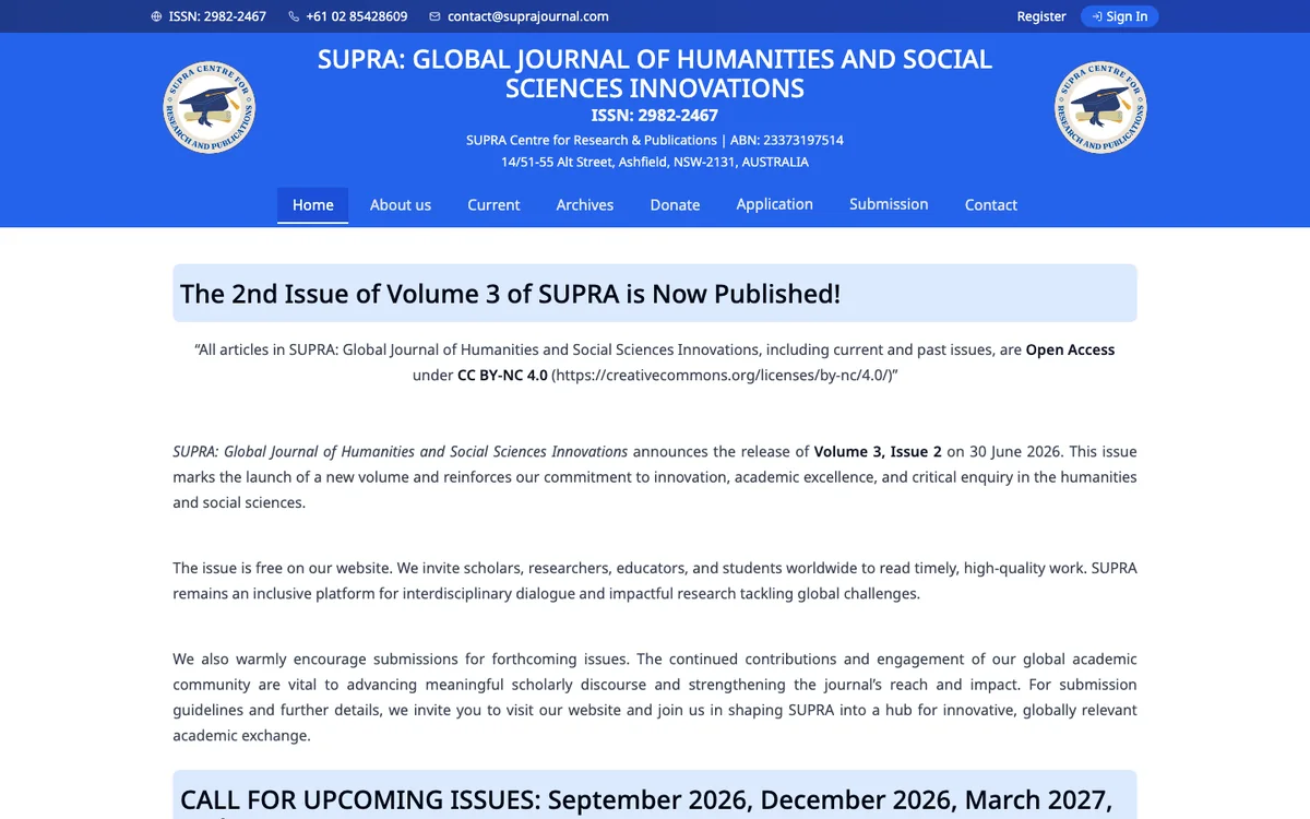 The Supra Journal home page, an open-access academic journal