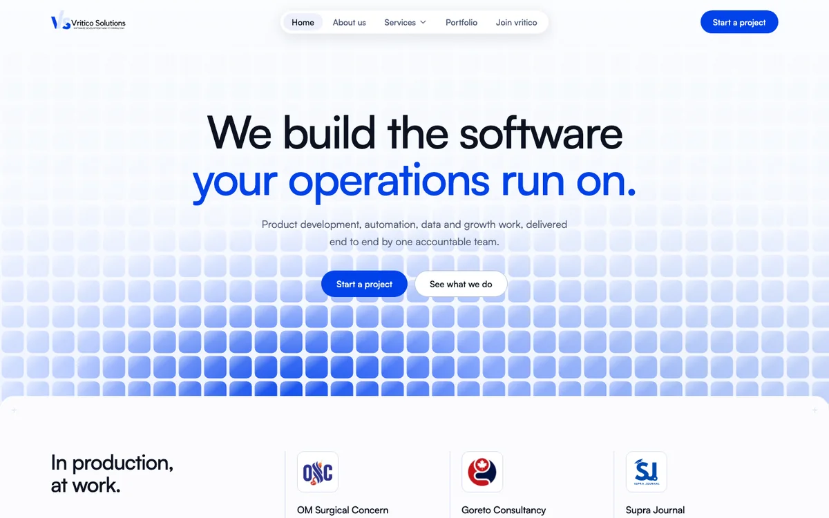 The Vritico Solutions home page, a software and IT consulting studio